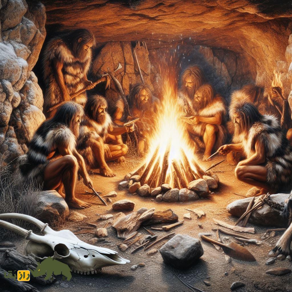 چه کسی اولین بار آتش را کشف کرد و چگونه؟ تصویری بازسازی شده از انسان های اولیه دور آتش در یک غار