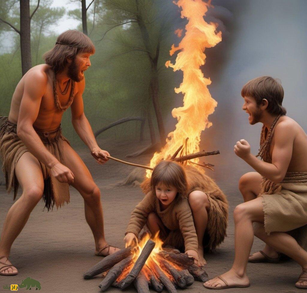 چه کسی اولین بار آتش را کشف کرد و چگونه؟ انسان های اولیه بعد از کشف آتش یک دختر بچه و دو مرد و خوشحالی بعد از کشف اتش