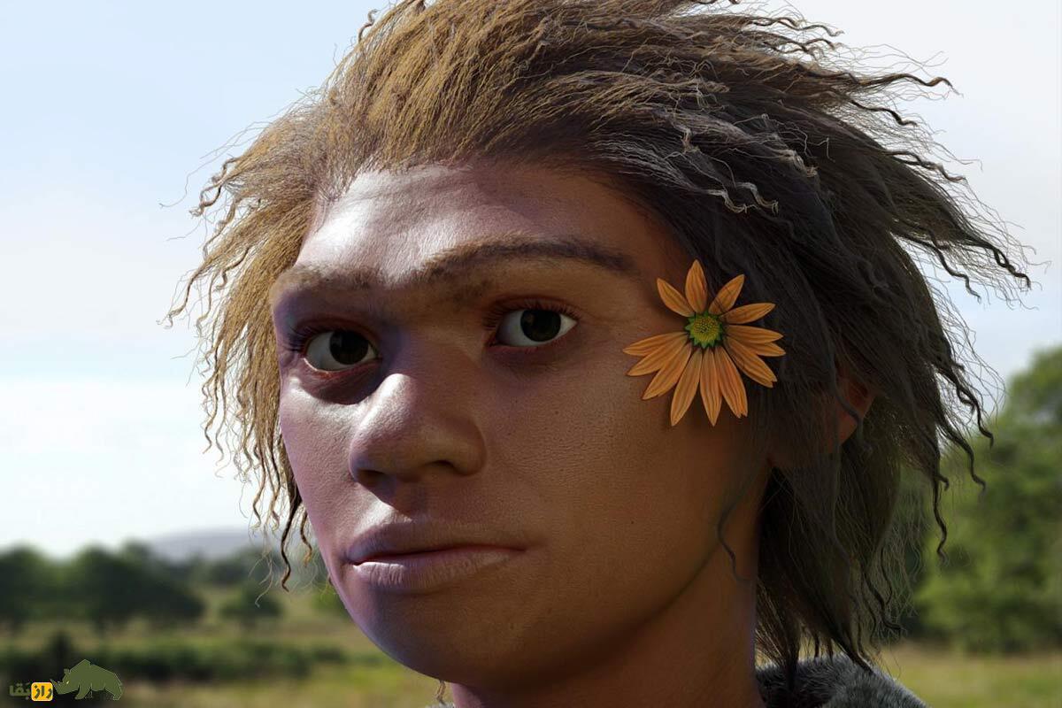چهره یک زن نئاندرتال با گلی زرد رنگ در موهایش