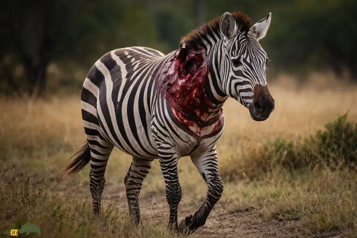 فیلمی ترسناک از نبرد بقا در طبیعت؛ گورخری که گردنش را شکارچی گاز گرفته و کنده، اما هنوز زنده است!