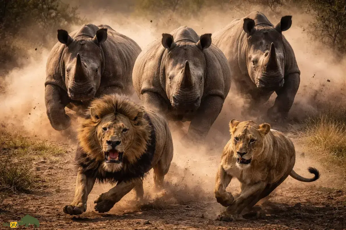 فیلمی از حمله برق‌آسای سه کرگدن خشمگین به شیر نر و ماده؛ لحظه‌ای که پادشاه جنگل مجبور به فرار می‌شود!