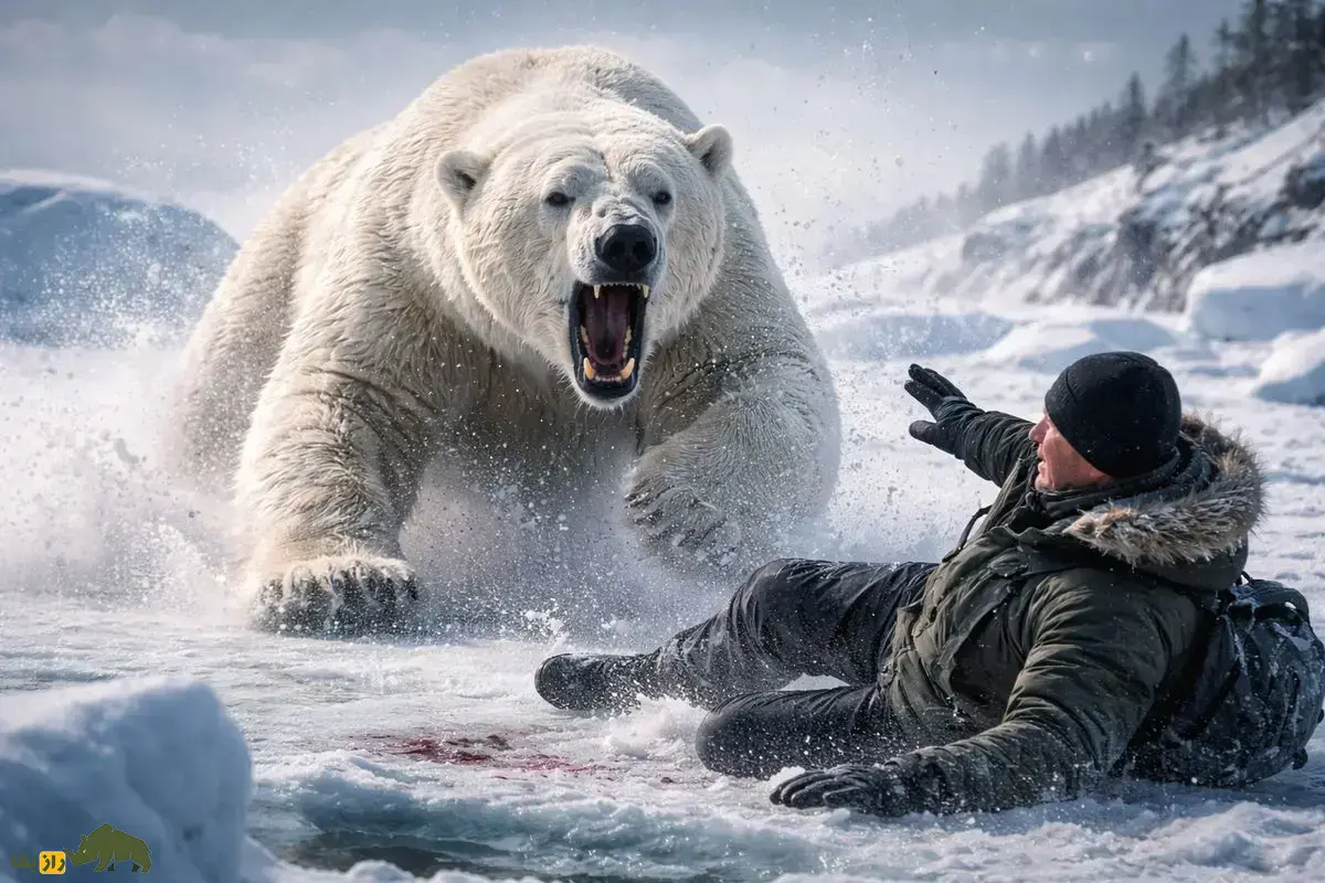 فیلمی هولناک از حمله خرس قطبی عظیم‌الجثه به انسان‌ها در دل یخ‌های روسیه