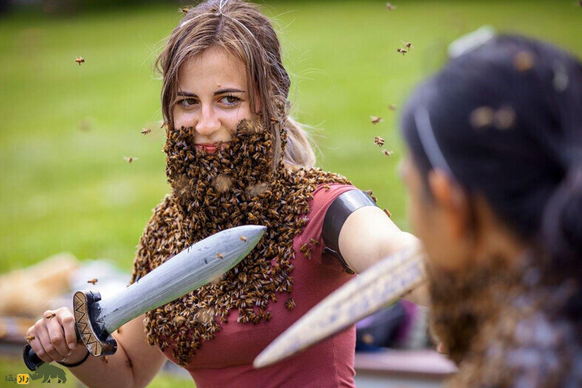 فیلمی جالب از دختر ایرانی که چند هزار زنبور روی بدنش نشسته و حیوان خانگیاش زنبور است! یک دختر در حالی که هزاران زنبور به او چسبیده است در حال شمشیر بازی ست