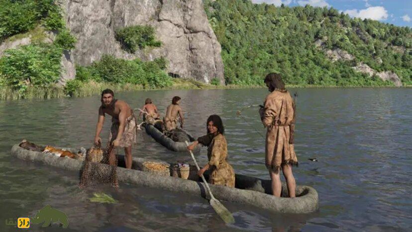 زن شکارچی ۱۰ هزار ساله زنده شد؛ اجداد اروپاییها این شکلی بودند! چند انسان نخستین در حالا سواری بر روی یک رودخانه تصویر بازسازی شده