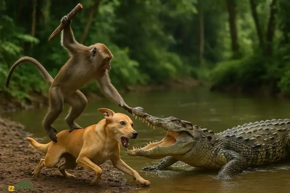 میمون با یک چوب محکم سگ نگونبخت را از دهان تمساح نجات داد!